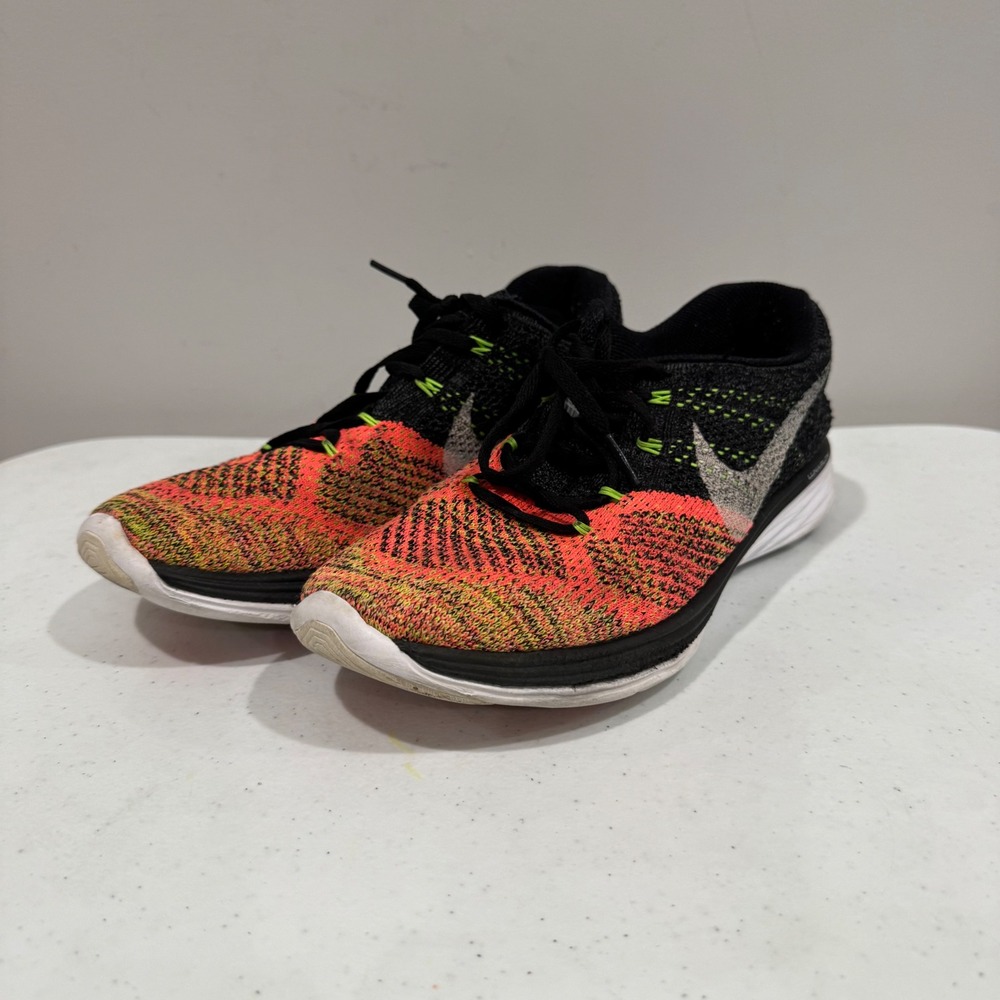 Nike Flyknit Lunar 3 Mens 8 Running Shoes Black Orange Volt Mesh 698181-006